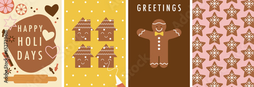 Baking Christmas gingerbread. Different types of homemade cookies. Cute baked Xmas cookies. Flat vector Illustration. Top view tasty winter set of cards. Winter sweets. Festive food, family culinary.
