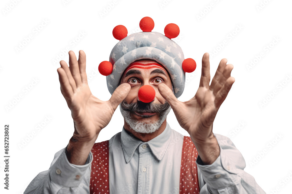 Naklejka premium A Fictional Character Created By Generative AI.Funny Portrait of Clown Red Ball in Nose and Head. Generative AI.