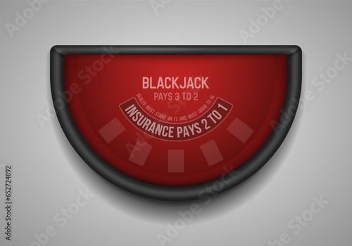 Black jack table with red cloth on light background. Vector illustration.