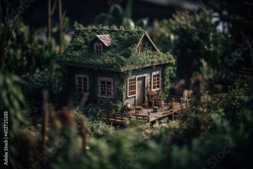Wooden house on a wooden background with green plants and leaves, eco-friendly housing concept. Created with AI. © PintoArt