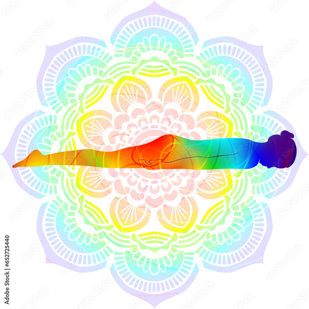 Colorful silhouette yoga posture. Reverse Corpse with Arms On Sides pose. Advasana. Prone and Neutral. Isolated vector illustration. Mandala background.