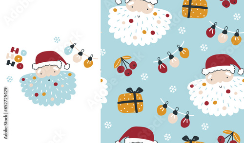 Santa Christmas set print and seamless pattern with traditional character symbol. Vector hand-drawn doodle in simple scandinavian cartoon style. The limited palette for printing textiles and wrapping.