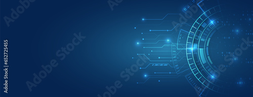 Hi-tech vector illustration with various technology elements. Abstract global sci fi concept. Digital internet communication on blue background. Wide Cyber security internet and networking concept.