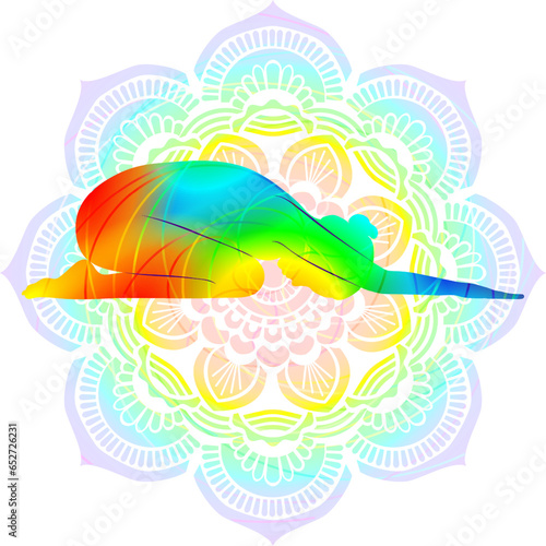 Colorful silhouette yoga posture. Extended Child pose. Utthita Balasana. Prone and Forward Bend. Isolated vector illustration. Mandala background.