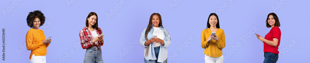 Happy millennial diverse women bloggers in casual use smartphones Happy millennial diverse women bloggers in casual use smartphones