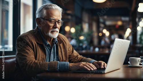 Old man working on laptop computer in cafe at table. Grandfather man in glasses using laptop