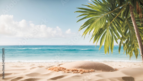 Tropical sea beach mockup template and palm leaf on seaside background for protection. Summer Hawaii island beach sand and ocean waves of exotic paradise