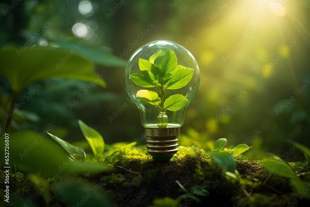 Eco Friendly Leaf Green Energy Light Bulb in a Lush Forest Background. Energy Conservation Icon 002. Generative AI - obrazy, fototapety, plakaty 