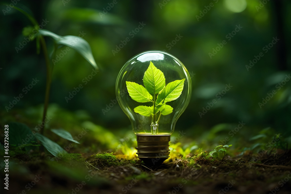 Eco Friendly Leaf Green Energy Light Bulb in a Lush Forest Background. Energy Conservation Icon 001. Generative AI - obrazy, fototapety, plakaty 