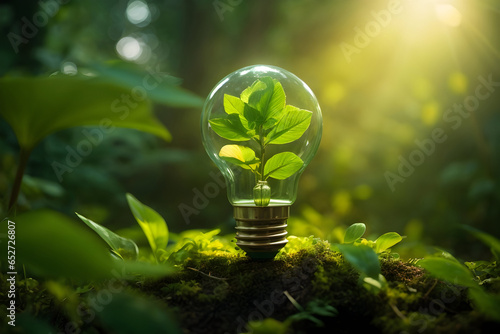 Eco Friendly Leaf Green Energy Light Bulb in a Lush Forest Background. Energy Conservation Icon 002. Generative AI