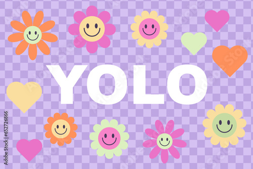 "YOLO" Y2K  phrase in stylized lettering on light violet background with flowers and hearts. Means You Only Live Once. Retro Y2K print design. Vector 90s, 2000s aesthetic illustration
