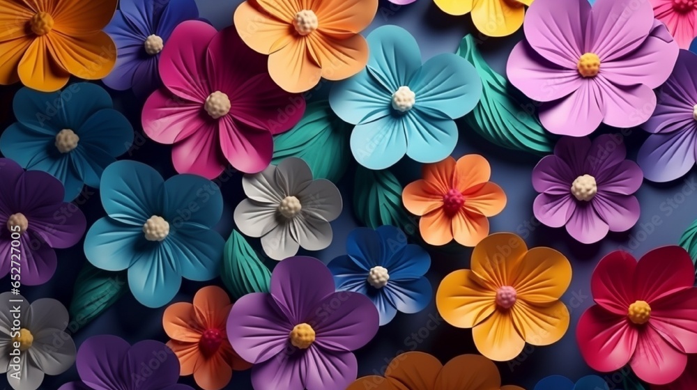 closeup pattern with flowers, 3D colorful flowers, and an abstract background. Generative in ai