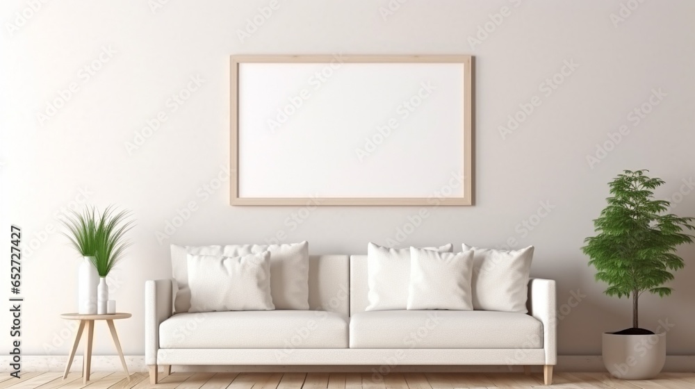 frame mockup on the wall with white sofa, and white interior concept. Generative in ai frame mockup on the wall with white sofa, and white interior concept. Generative in ai