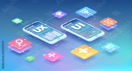 Mobile application design concept. Isometric vector of a smartphone mockup with active blocks and connections, process of creation of the user interface.