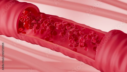 Red blood cell flow inside an artery, Scientific and medical 3d animation background. photo
