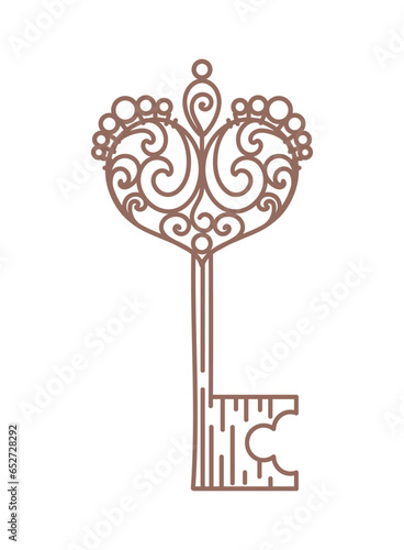 Vintage key in the Gothic style. A filigree heart. Magic items, fantasy, boho. Halloween, Valentines Day. witchcraft. For logo, posters, cards, banners, design elements.