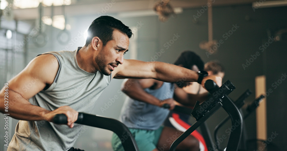People, diversity and cycling at gym in workout, exercise or intense cardio fitness together and motivation. Diverse group burning sweat on bicycle machine for healthy body, wellness or lose weight People, diversity and cycling at gym in workout, exercise or intense cardio fitness together and motivation. Diverse group burning sweat on bicycle machine for healthy body, wellness or lose weight