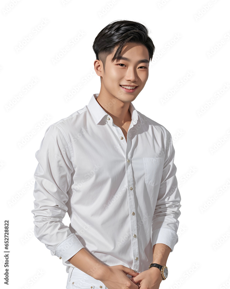 Asian young man Wearing a long-sleeved white shirt, wearing jeans, standing smiling. Isolated on a white background. Asian young man Wearing a long-sleeved white shirt, wearing jeans, standing smiling. Isolated on a white background.