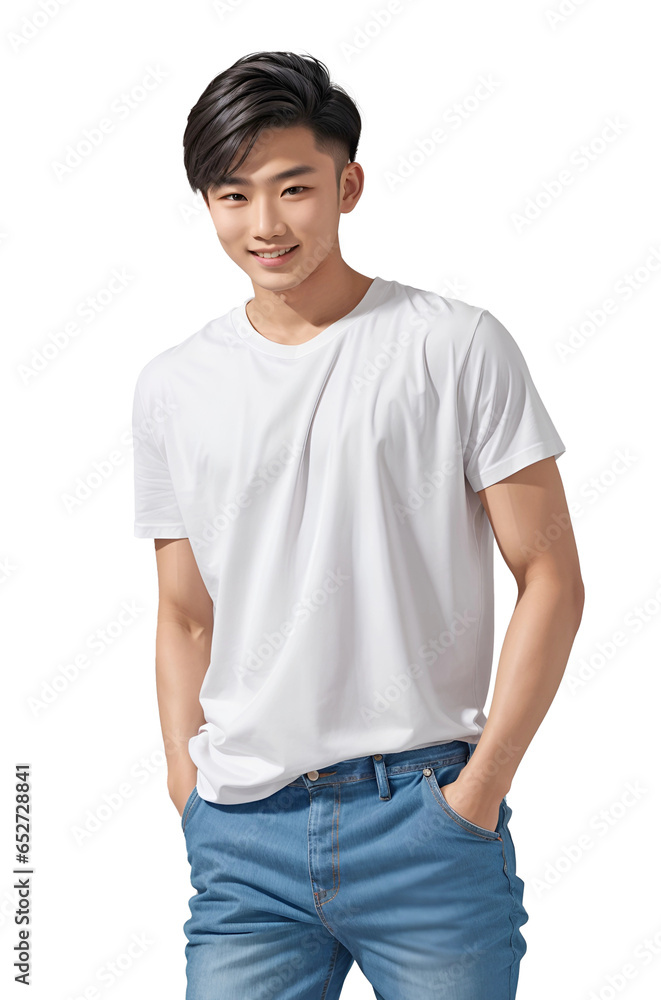 Asian young man Wearing a white t-shirt. Wearing jeans. Standing smiling. Isolated on white background. Asian young man Wearing a white t-shirt. Wearing jeans. Standing smiling. Isolated on white background.