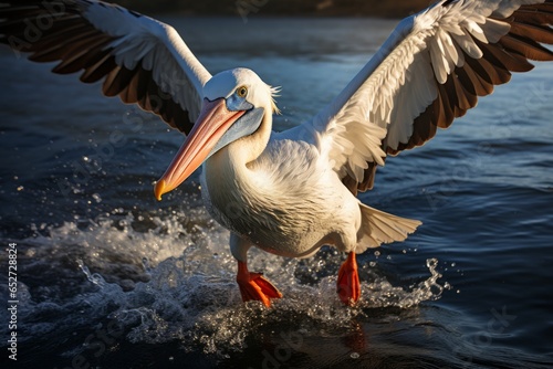 Pelican skimming the water's surface in flight, Generative AI