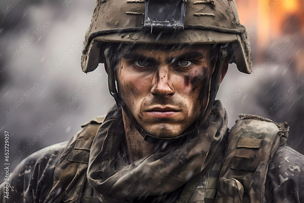 A close-up portrait of a soldier with intense eyes A close-up portrait of a soldier with intense eyes