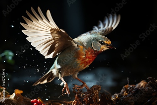 Robin in mid-air with a worm in its beak, Generative AI photo