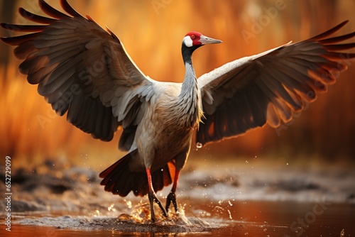 Sandhill crane in elegant flight during migration, Generative AI photo