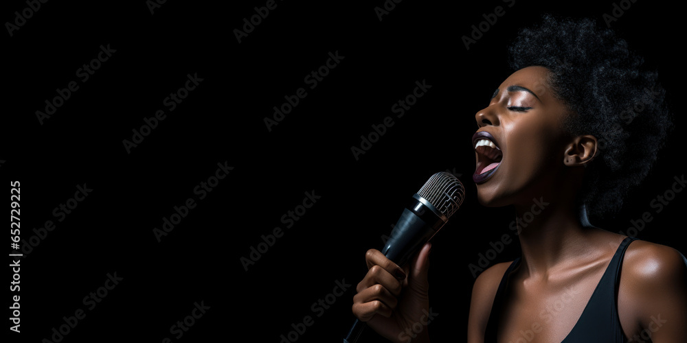 African woman singing on a black background with copy space. African woman singing on a black background with copy space.