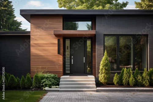 Contemporary exterior of home with dark ceramic tiles as siding of house and tall front door. Generative AI