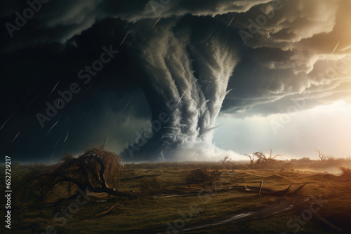 A powerful tornado forming destruction over a populated landscape. A swirling vortex of wind and debris. Generative AI