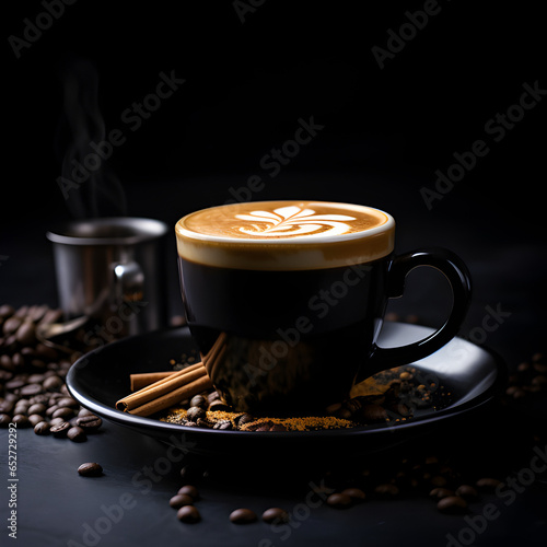 Aesthetic coffee, food photography, sleek black background.