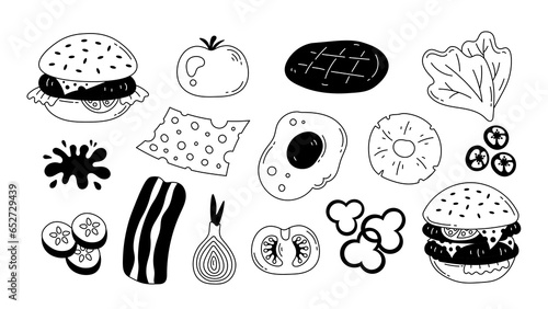 Burger with ingredients doodle vector set. Hand drawn American fast food collection in sketch style. Black line art elements on white background.