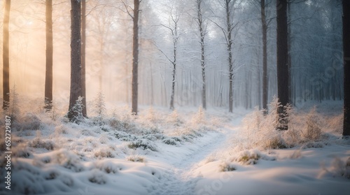 Blurry image of a winter forest, small snowdrifts and light snowfall - a beautiful winter-themed background wide format. © New generate