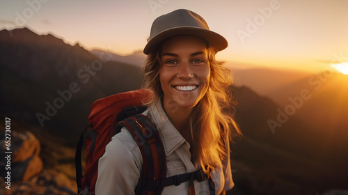 A hiking girl smiles at the camera while enjoying the sunset on the top of the mountains, generative ai 