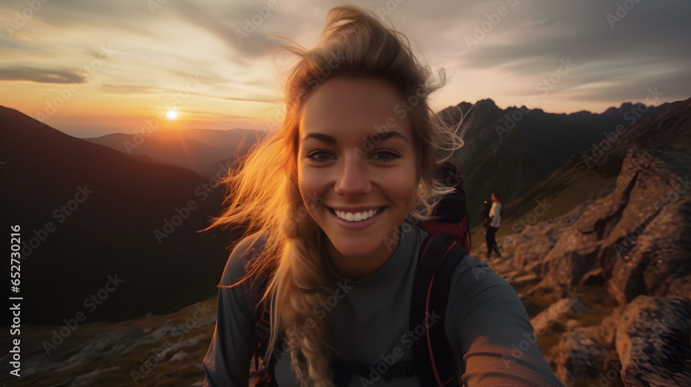 Naklejka premium A hiking girl smiles at the camera while enjoying the sunset on the top of the mountains, generative ai 