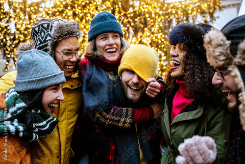 Multiethnic friends having fun together walking under Christmas tree decoration - Trendy young people celebrating x-mas holiday outside - Life style concept with guys and girls hugging on city street