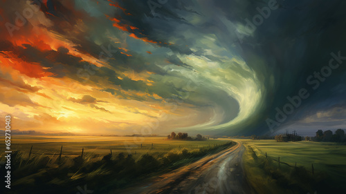 Fotografie, Obraz drawing of a tornado on the road in a field sunset colors.