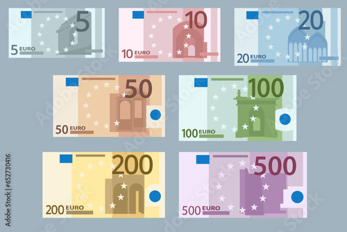 Stacksof Banknotes in denominations of 5,10, 20, 50 , 100, 200 and 500 euros on a white background. European Union paper money five, ten, twenty, fifty, one hundred, two hundred, five hundred euros