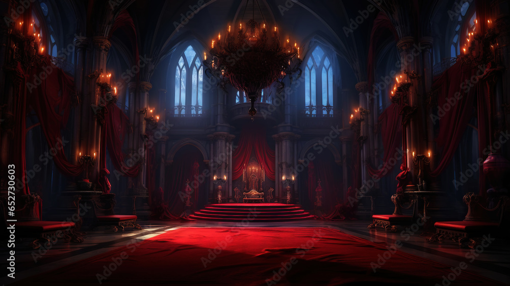 Vampire Dracula castle interior, victorian red furnitures. Halloween concept. Generative AI - obrazy, fototapety, plakaty 