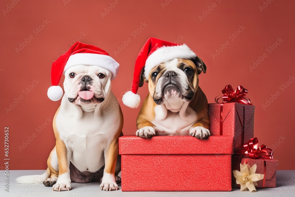 two dogs with santa's hats on top of gift boxes