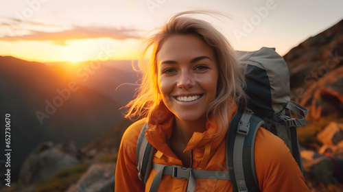 A hiking girl smiles at the camera while enjoying the sunset on the top of the mountains, generative ai 