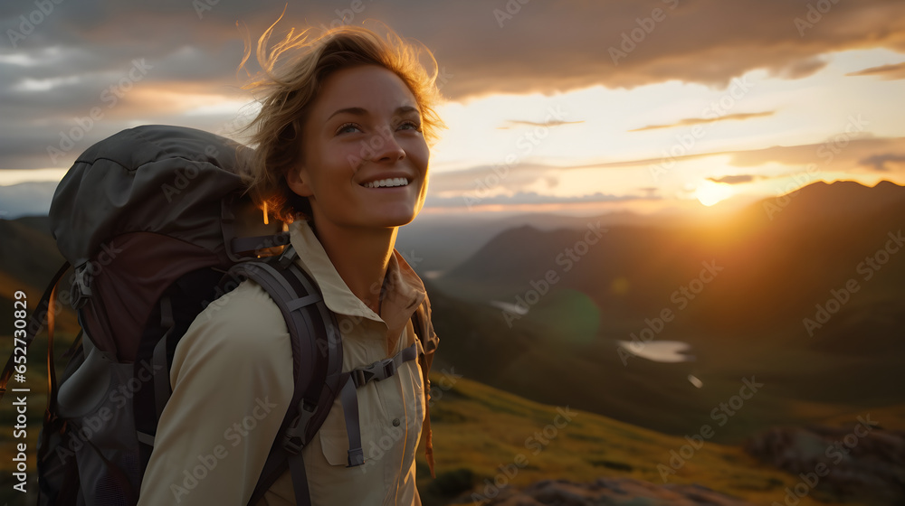 A hiking girl smiles at the camera while enjoying the sunset on the top of the mountains, generative ai 