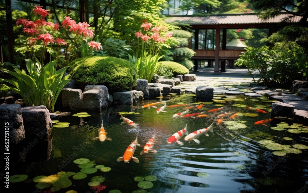 Fototapeta premium A serene pond in a Japanese Zen garden, where koi fish glide beneath the surface. Generative AI