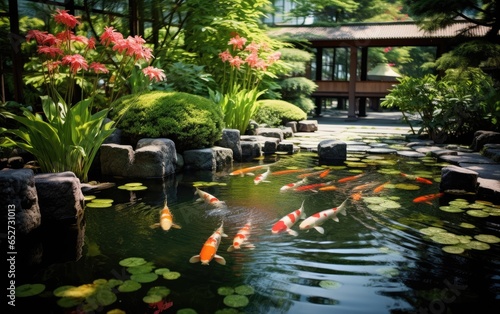 A serene pond in a Japanese Zen garden, where koi fish glide beneath the surface. Generative AI © piai