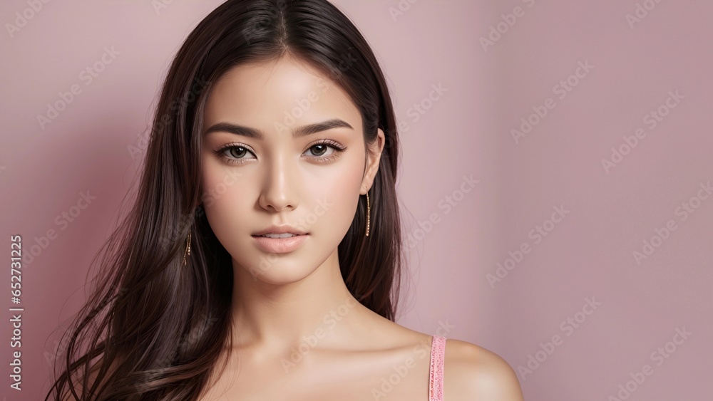 Portrait of beautiful young woman with clean fresh skin on pink background. Portrait of beautiful young woman with clean fresh skin on pink background.