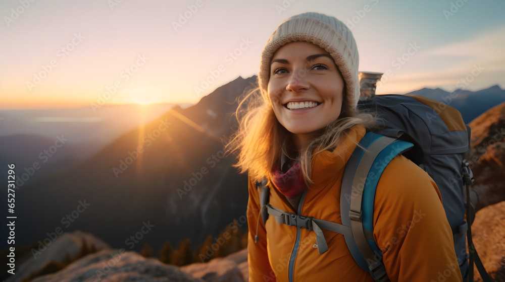 A hiking girl smiles at the camera while enjoying the sunset on the top of the mountains, generative ai 