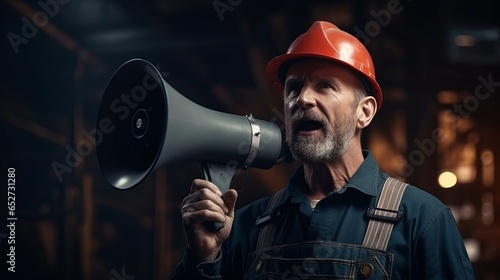 An engineer shouts into a megaphone with copy space. © ColdFire