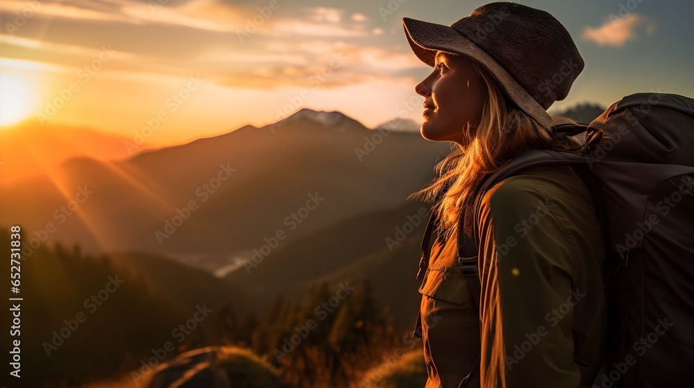 Mountain Serenity: Embracing the Alpine Sunset, hiker girl admire the beautiful sunset in the mountains, generative ai Mountain Serenity: Embracing the Alpine Sunset, hiker girl admire the beautiful sunset in the mountains, generative ai