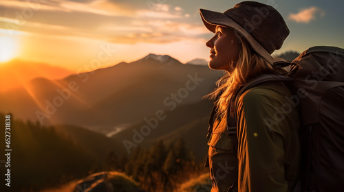 Mountain Serenity: Embracing the Alpine Sunset, hiker girl admire the beautiful sunset in the mountains, generative ai 