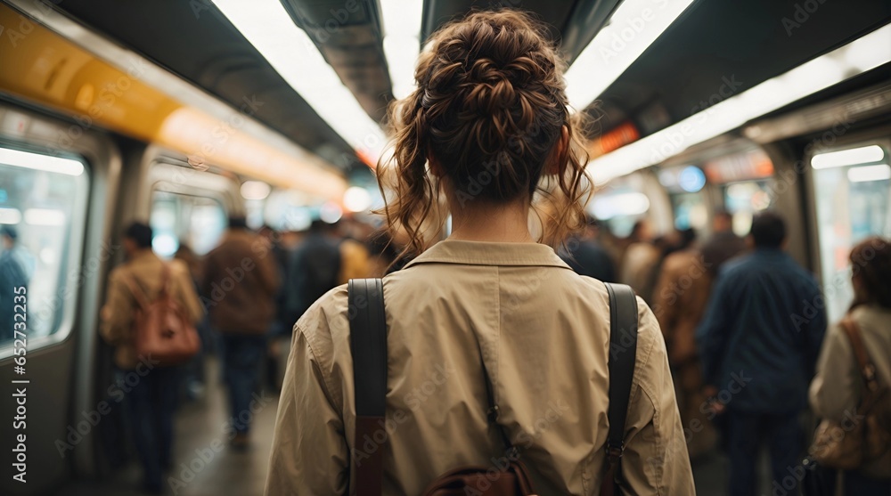 Woman from behind standing at busy subway with blurry people around. Public transport people travel commute city urban concept
